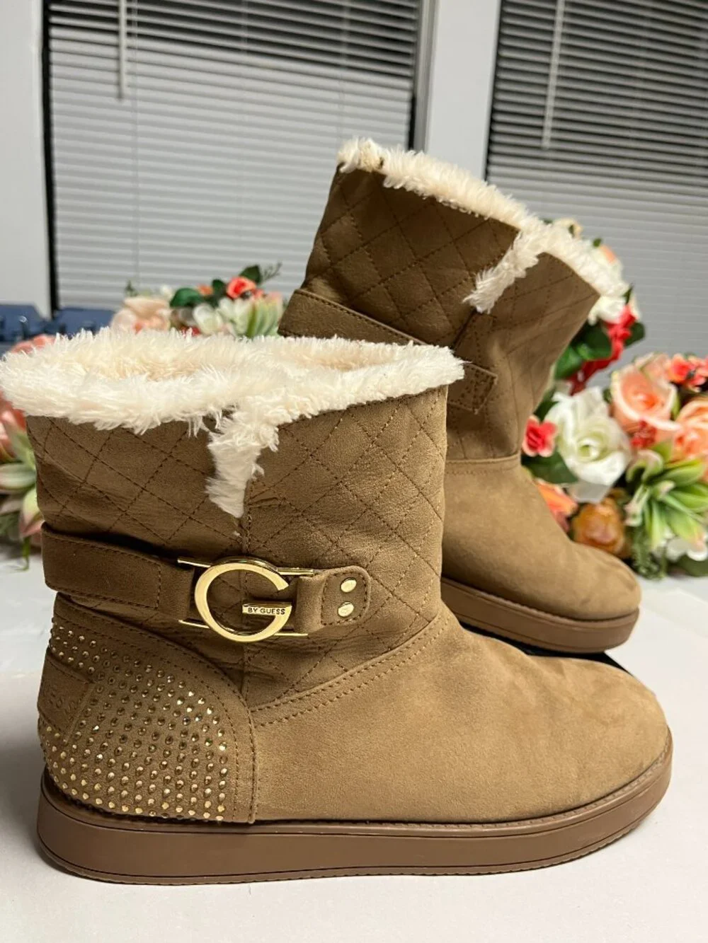 G by Guess Tan Faux Fur Quilted Boots Rhinestone Buckle Size M8